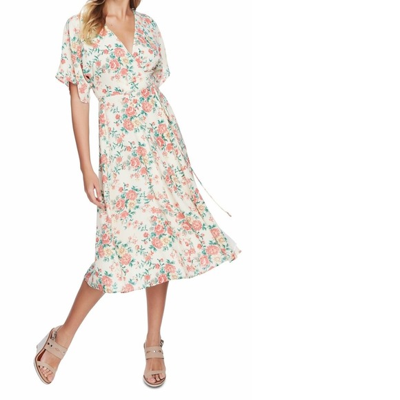 1. State Dresses & Skirts - 1. State Women's Wrap Dress Pink Size 14 Floral-Print Sheath Midi `
